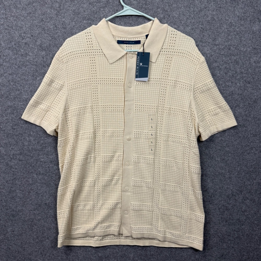 Perry Ellis Mens Castle Wall‎ Cream Textured Pointelle Knit Button Down Shirt L